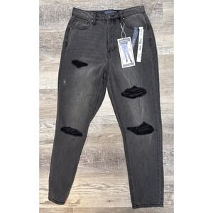 Button Fly Step Mom High Rise Skinny Ripped Distress Jeans Black Grunge Goth NWT